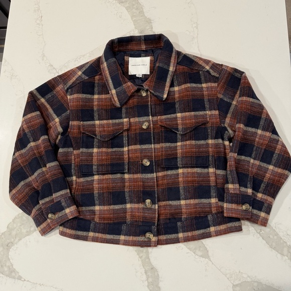 American Eagle Outfitters Jackets & Blazers - American Eagle Plaid Oversized Lined Shacket Women’s Medium Brown/Navy Jacket